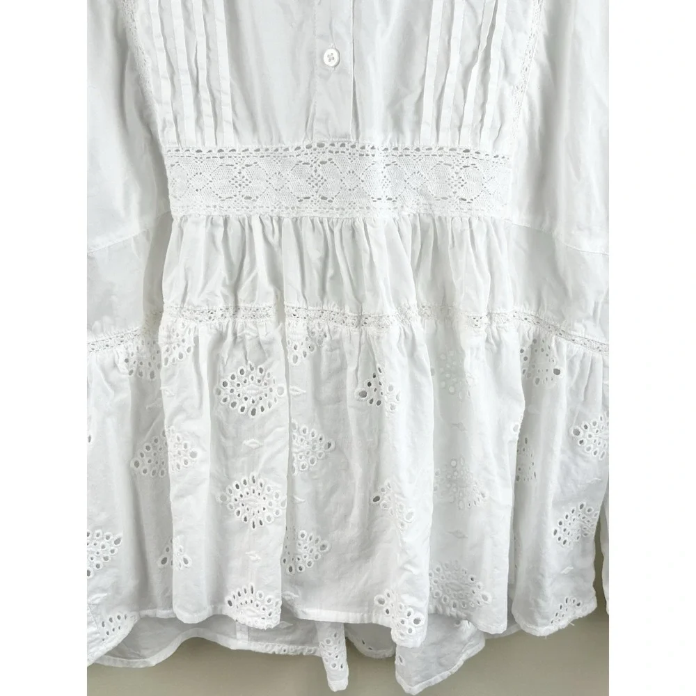 Flag & Anthem Long Sleeve Button Front Eyelet Crochet Lace Pintuck Top White XL - Picture 2 of 9